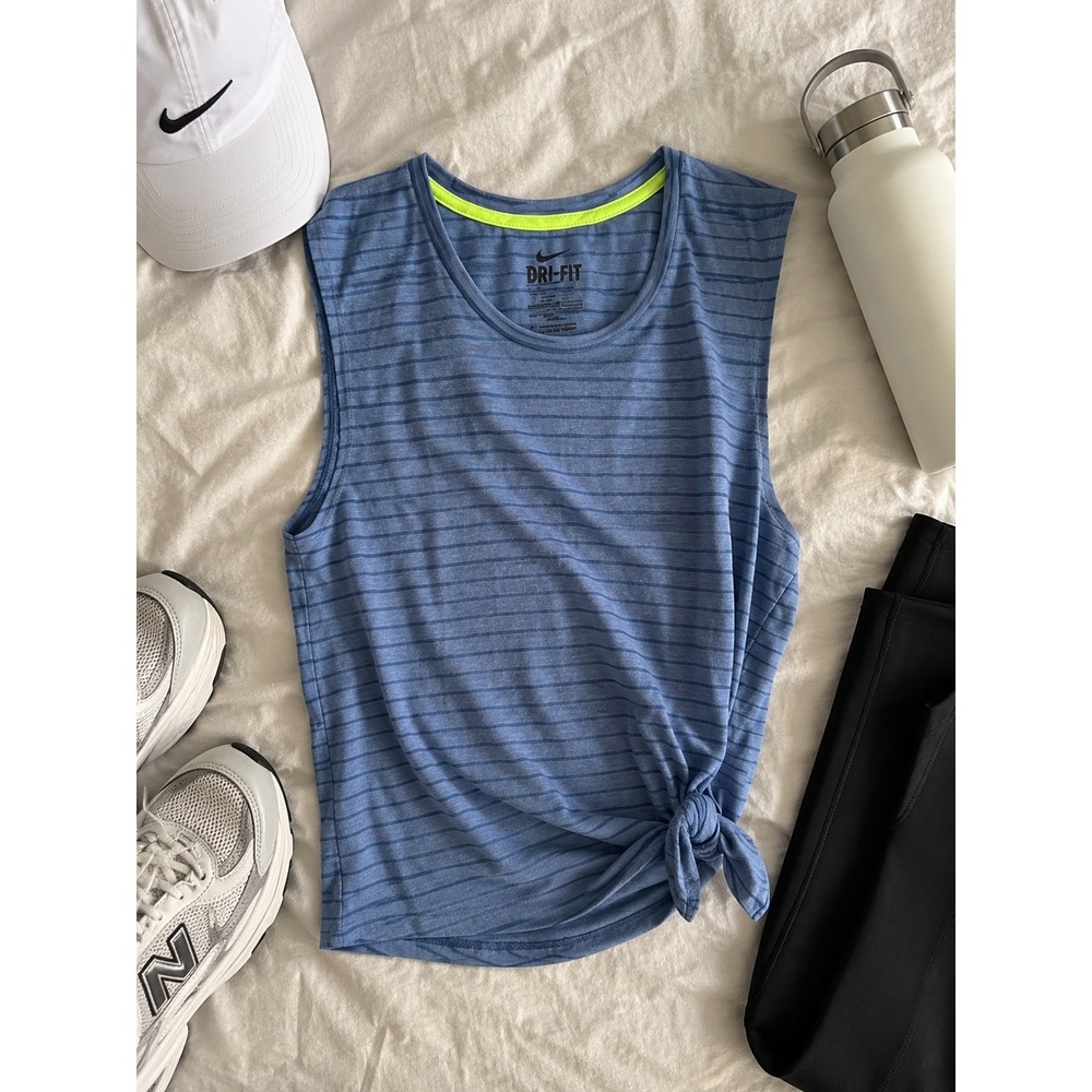 Nike Dri-FIT Womens Blue Striped Side Tie Knot Muscle Tank Top Size M